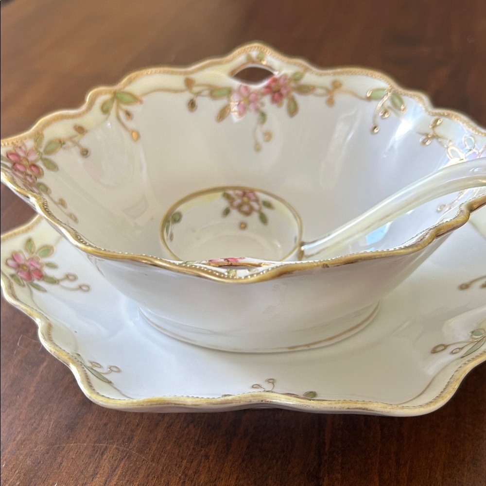 Nippon , Cherry Blossom Boat with Saucer, spoon